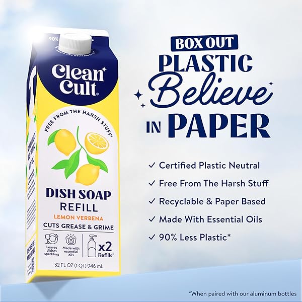 CLEANCULT DISH SOAP LIQUID REFILL (32OZ, 1 PACK) – PLANT BASED CLEANING POWER – DISH SOAP THAT CUTS GREASE & GRIME – FREE OF HARSH CHEMICALS – USES 90% LESS PLASTIC – LEMON VERBENA