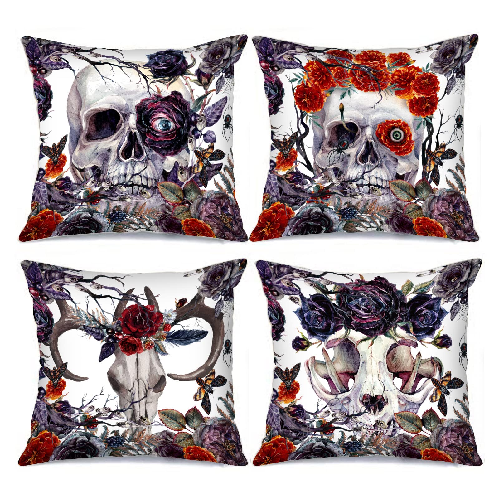 Tucocoo Skull Decorative Cushion Covers 18 x 18 Inch Set of 4 Vintage Botanical Throw Scary Skull Gothic Floral Modern Square Bed Home Decor — image 1