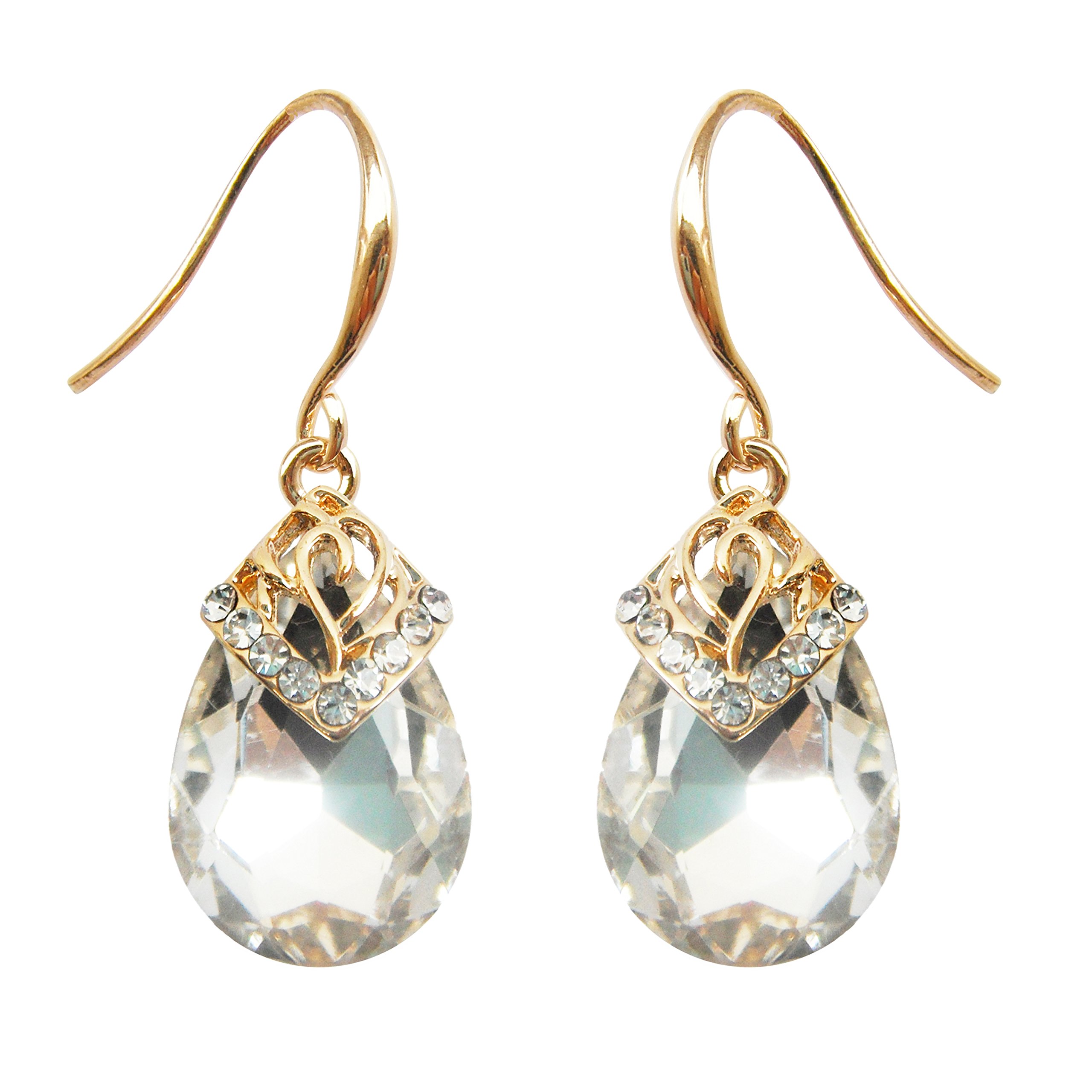 Navachi 18k Gold Plated Crystal Flower Pattern Water Drop White Zircon Az2534e Dangle Earrings
