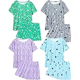 XPUDAC 4-Pack Women's Pajama Sets Loungewear Short Sleeve Tee and Shorts Soft Comfy Sleepwear Pjs Set
