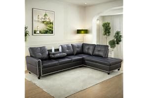 FONTOI Leather Sectional Couch Sofa, Modern Nail-Head Design L Shaped Sectional Sofa for Living Room, 4 Seat L Couch with Cup Holder for Bedroom, Black ZA