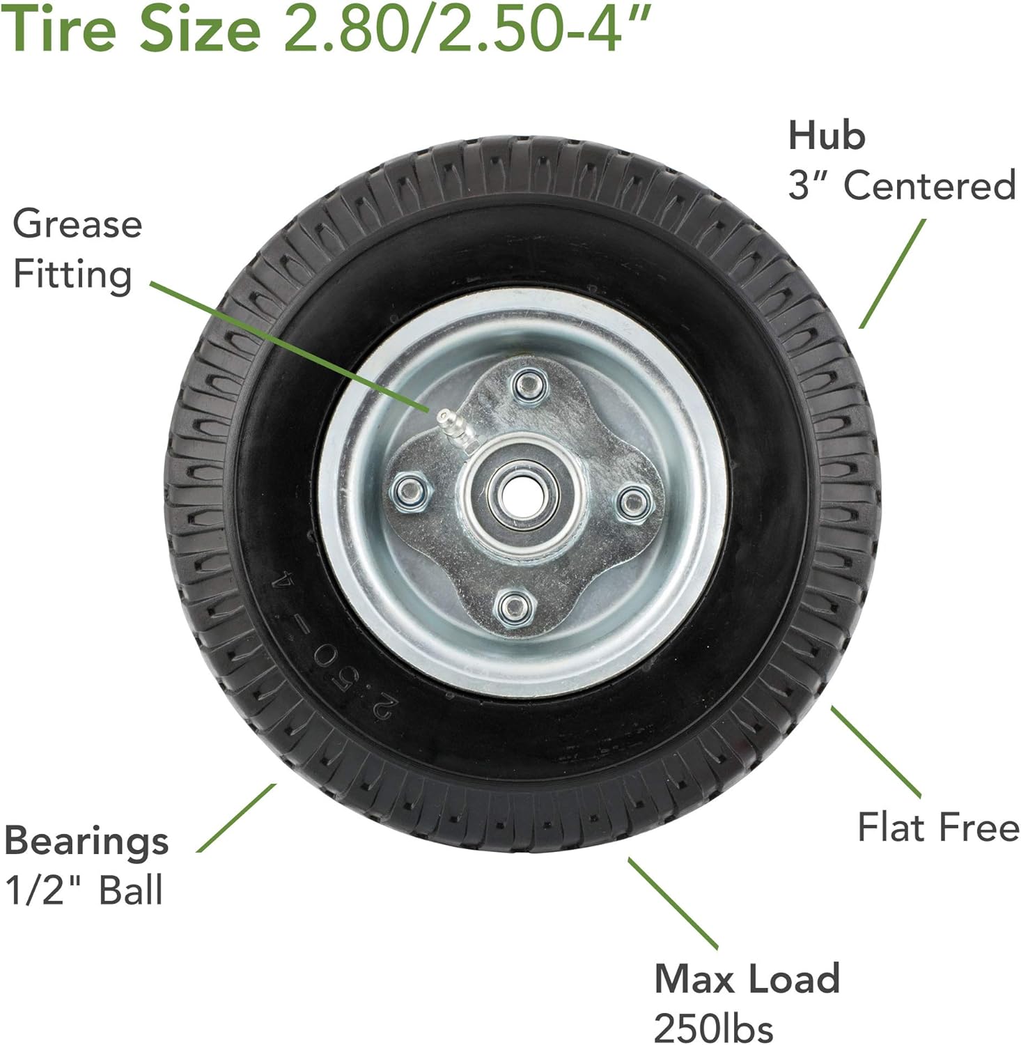 Marathon 2.80/2.50-4" Narrow Width Flat Free Hand Truck / Utility Cart Tire on Wheel, 3"Centered Hub, 1/2" Bearings : Yard Carts : Garden & Outdoor