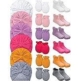 Leumoi 18 Pieces Newborn Baby No Scratch Mittens and Socks Sets Gloves Baby Turban Knot Hats Nonslip Grip Ankle Socks for Girls