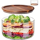Intowalde Large Salad Bowl with Lid, 106 oz Glass Salad Bowl with Acacia Wood Lid, Versatile Glass Trifle and Fruit Bowl, Large Mixing Bowl for Salads, Dessert, Fruit, Chips, Pasta, Dishwasher Safe