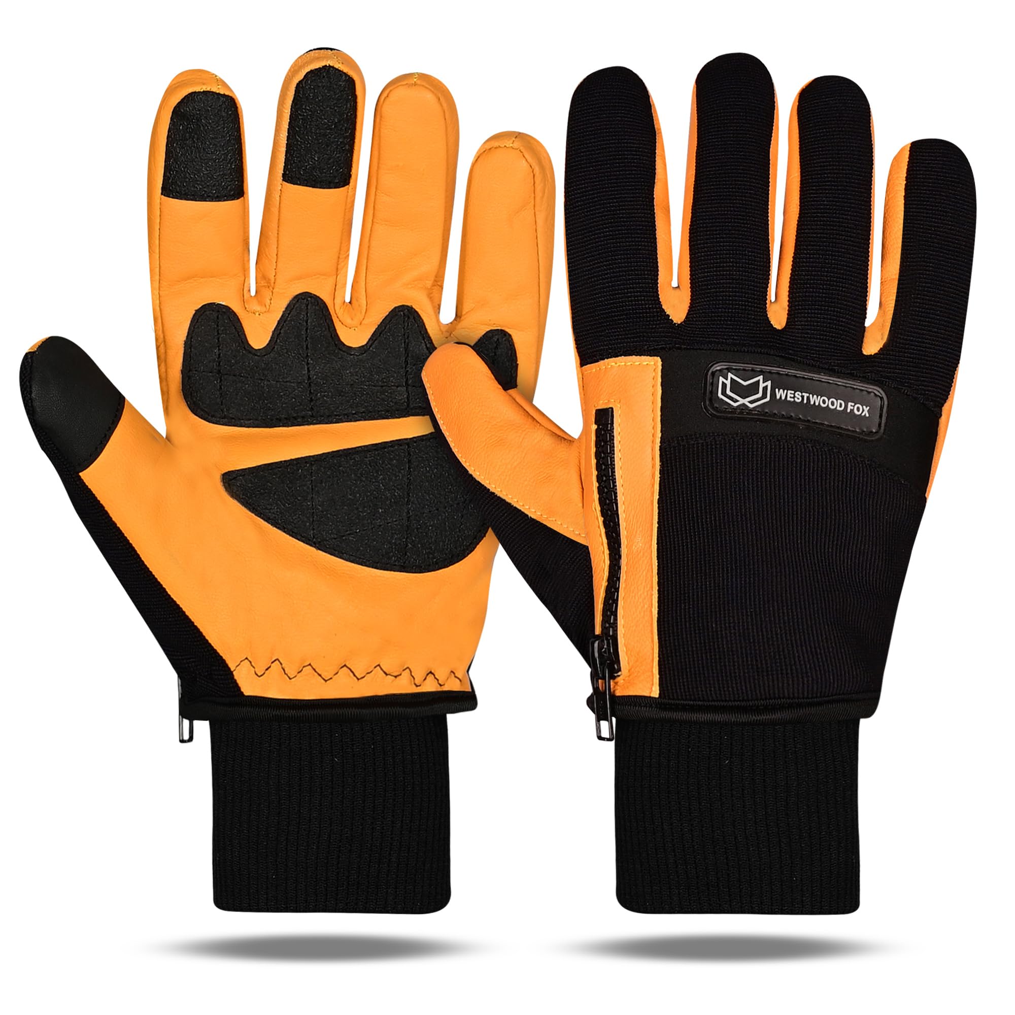 WESTWOOD FOX Winter Waterproof Working Gloves, Leather Winter Gloves for Men Women, Cold Weather Thermal Warm Touchscreen Safety Work Gloves for Construction,Fardening,Driving (Black-Yellow, S)