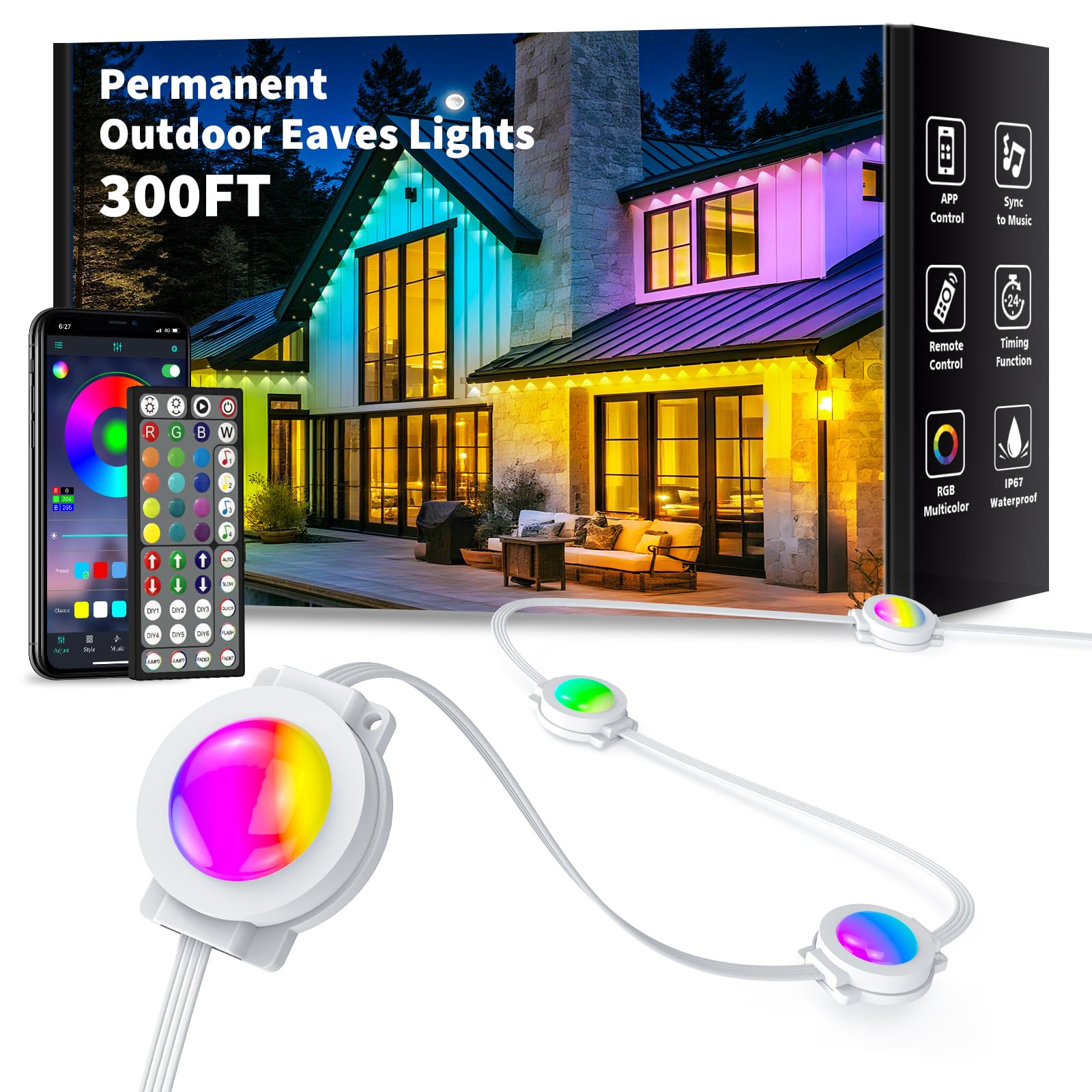 Photo 1 of YIBULAYIN 300FT Permanent Outdoor Lights Waterproof, Smart RGB Eaves Lights with App/Remote Control, DIY Scene Modes, LED Outdoor Lighting for Christmas Holidays Daily Party House Roof Lighting