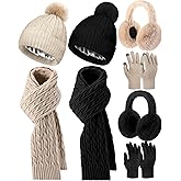 Suhine 8 Pcs Women Hat Scarf Gloves and Earmuff Set Winter Knit Beanie Pompom Hat Warm Touch Screen Gloves for Men Adult