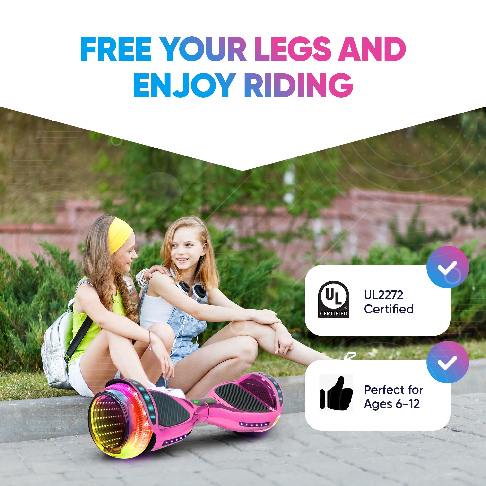 EMAXUSA, 6.5” Self Balancing Scooters for Kids Ages 6-12, Bluetooth Hoover Board with Tunnel Light Style Wheels & Non-Slip Footpads, UL2272 Safety Certified