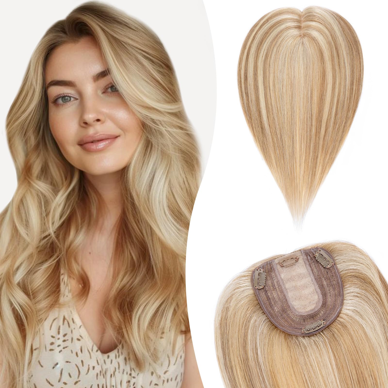 Silk-co 10inch Hair Topper for Thinning Hair Women Clip in Real Remy Human Hair Extensions Top Piece Base Size 10 * 12cm Silk+Lace Base (#12P613 Golden Brown&Bleach Blonde)