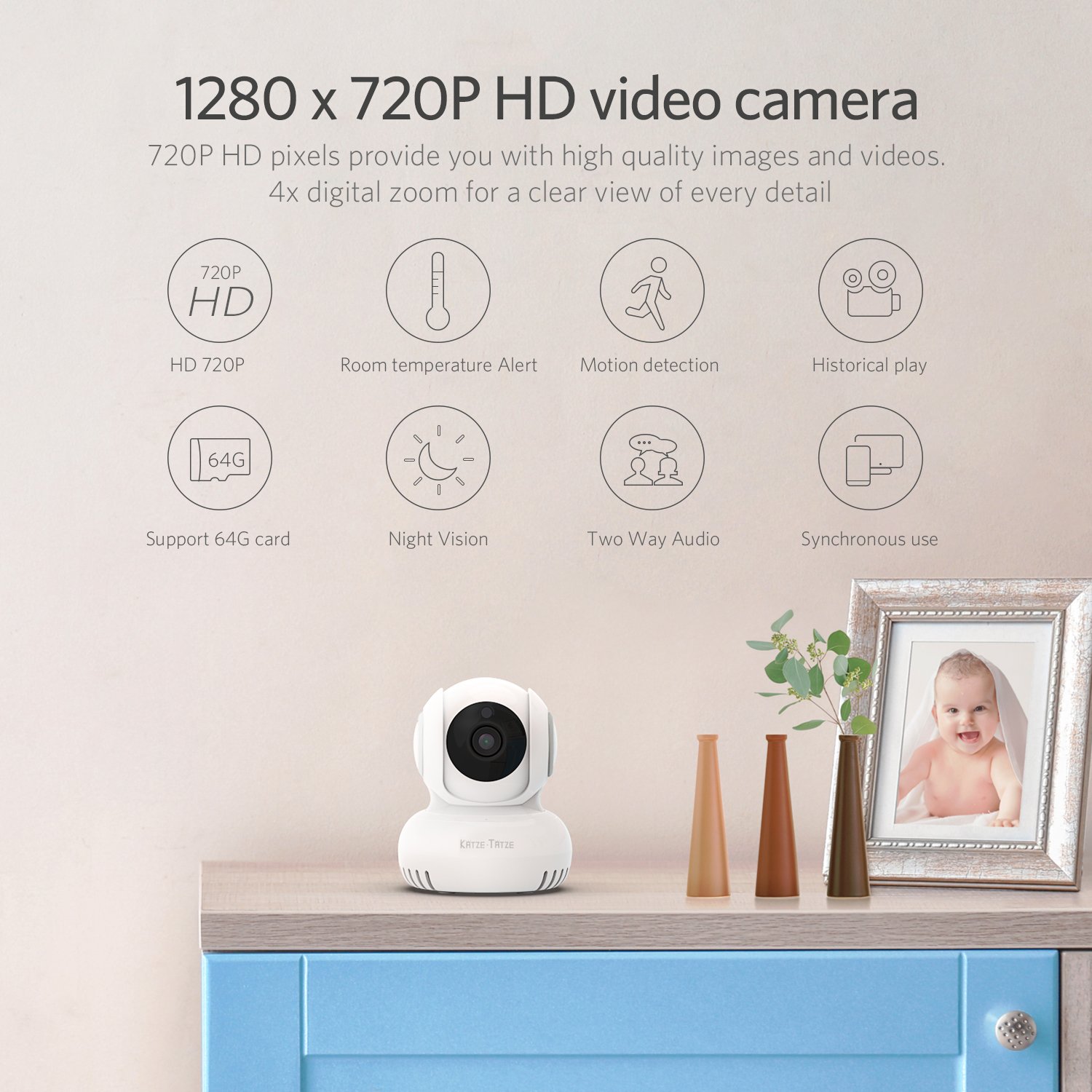 Katze-Tatze Baby Monitor WiFi Home Surveillance IP Camera for Baby/Pet/Nanny Monitor, Work with Echo Show Alexa, 2-Way Audio & Night Vision, Pan/Tilt, Motion Detect