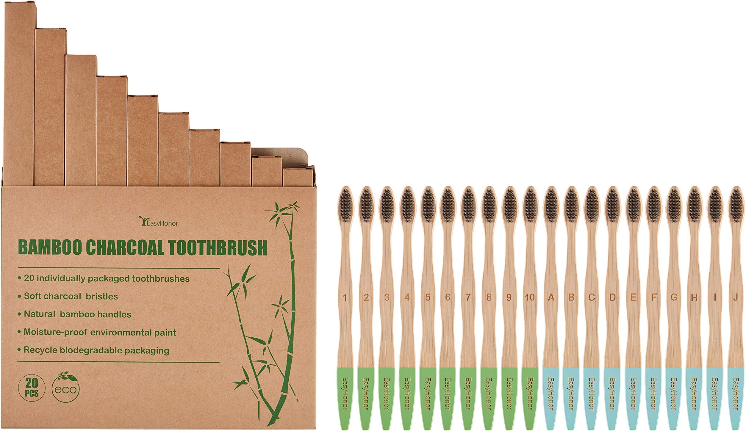 EasyHonor 20 Pack Bamboo Charcoal Toothbrushes for Adults and Teenagers, Biodegradable Organic Bamboo eco Friendly toothbrushes, with Ergonomic Handles and Soft Charcoal Bristles BPA Free