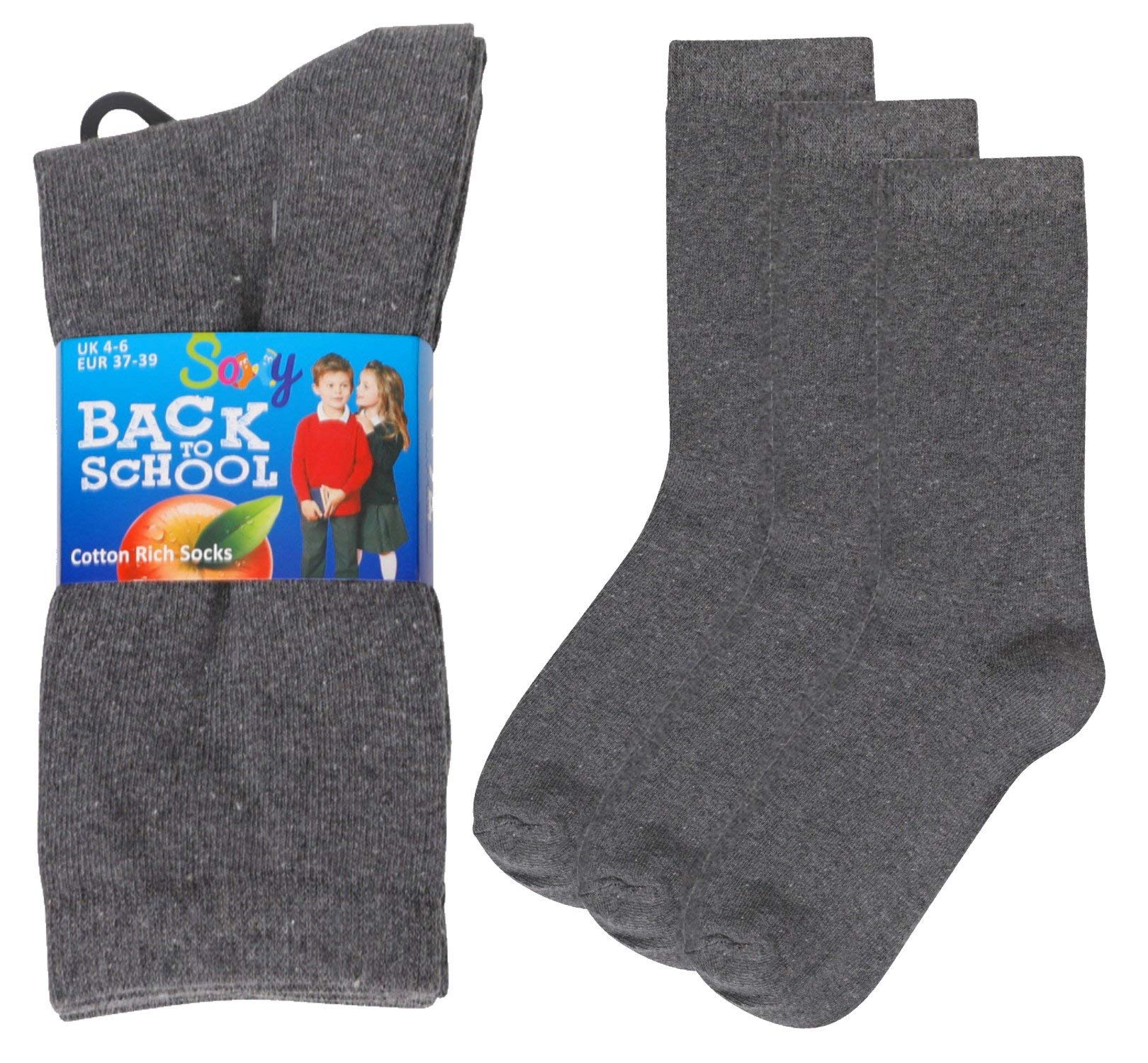 Soxy 12 Pairs Boys/Girls Ankle Cotton Rich Plain School Socks Shoe, UK 4-6 (EU 37-39), Grey