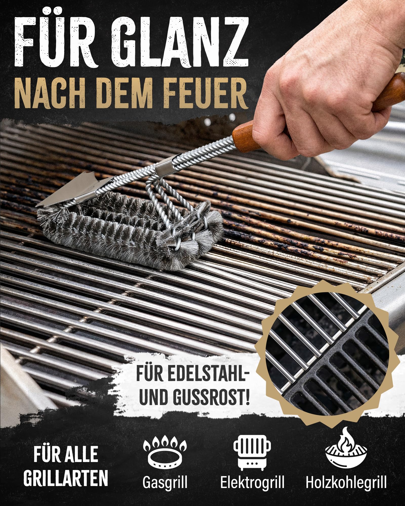 5 in 1 Grillbürste Edelstahl mit Schaber [TESTSIEGER] kompatibel mit Weber Grill Zubehör für gasgrill gusseisen - BBQ Set Grillreiniger bürste für Gussrost - Grillen Geschenke für männer grillzubehör 4