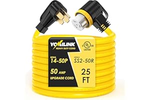 YOMILINK 25 Feet 50 Amp RV/Generator Cord, UL Listed, 100% Copper Wire, NEMA 14-50P to SS2-50R Twist Lock, Newly Designed 90°Grip Handle, 6/3+8/1 Gauge STW Wire