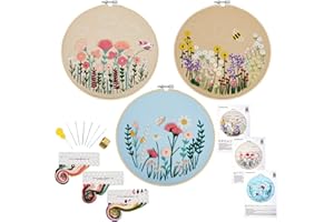 Armindou 3 Sets Embroidery Starter Kits with Flowers Pattern for Adults Beginners, Floral Stamped Cross Stitch Kit, Hand DIY Needlepoint Kit, 3 Embroidery Hoops, 3 Embroidery Fabric, Needles, Threads