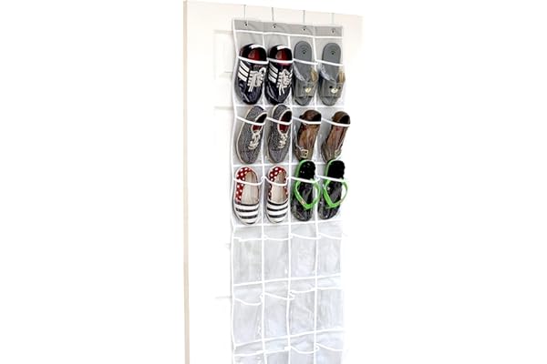 Simple Houseware 24 Pockets Clear Over the Door Shoe Organizer, Grey | 162.6 cm H x 48.3 cm W, 4 Durable Metal Hooks, 10.9 x