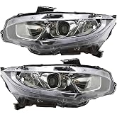 Headlight Assembly Compatible with 2016-2021 Honda Civic | Halogen with LED DRL, Chrome Housing, OEM Replacement Driver &amp; Passenger Side, NOT for Factory Full LED Touring Models