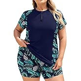 COOTRY Plus Size Two Piece Rash Guard Women Short Sleeve Bathing Suit Zip Up Swimsuit Built in Bra Swim Suit Swimwear Green Leaf 4XL