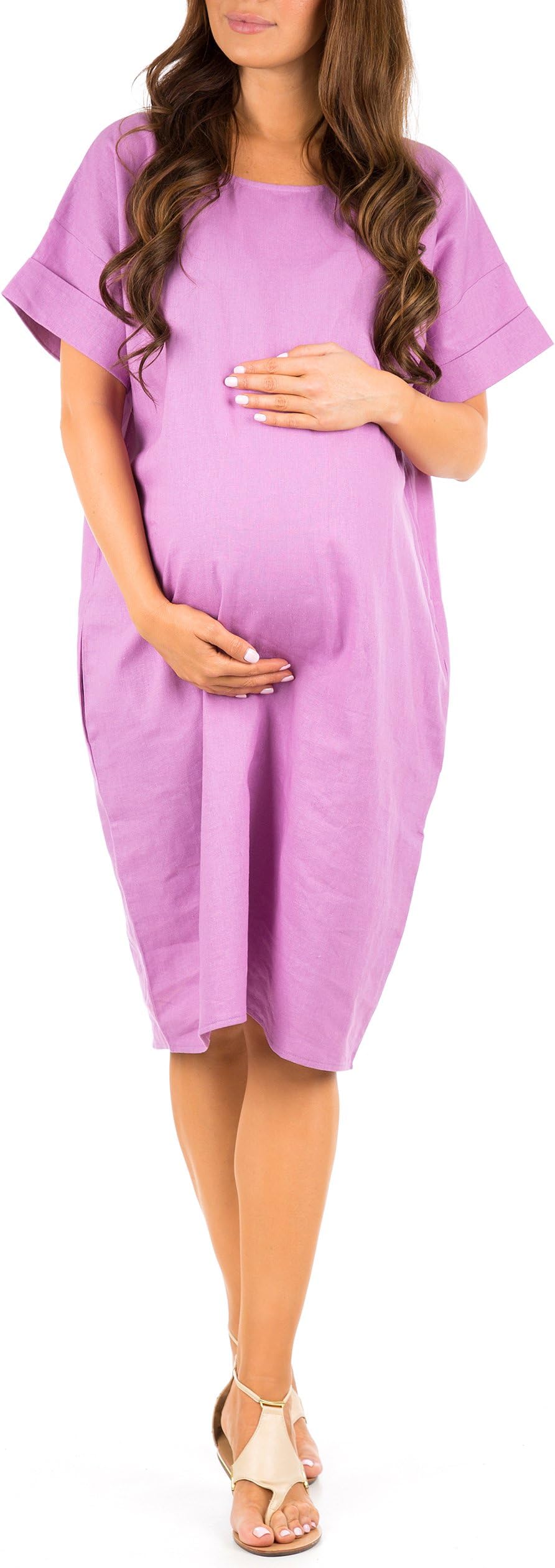 Women’s Maternity Linen Knee Length Dress with Pockets by Zenna