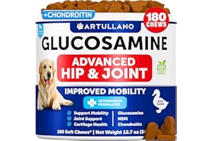 ARTULLANO Glucosamine for Dogs - Hip and Joint Supplement for Dogs with Arthritis - Chews with Chondroitin, Hemp Oil, MSM - Canine Joint Pain Relief Health - Mobility Support for Large Breeds - 180 Soft Treats