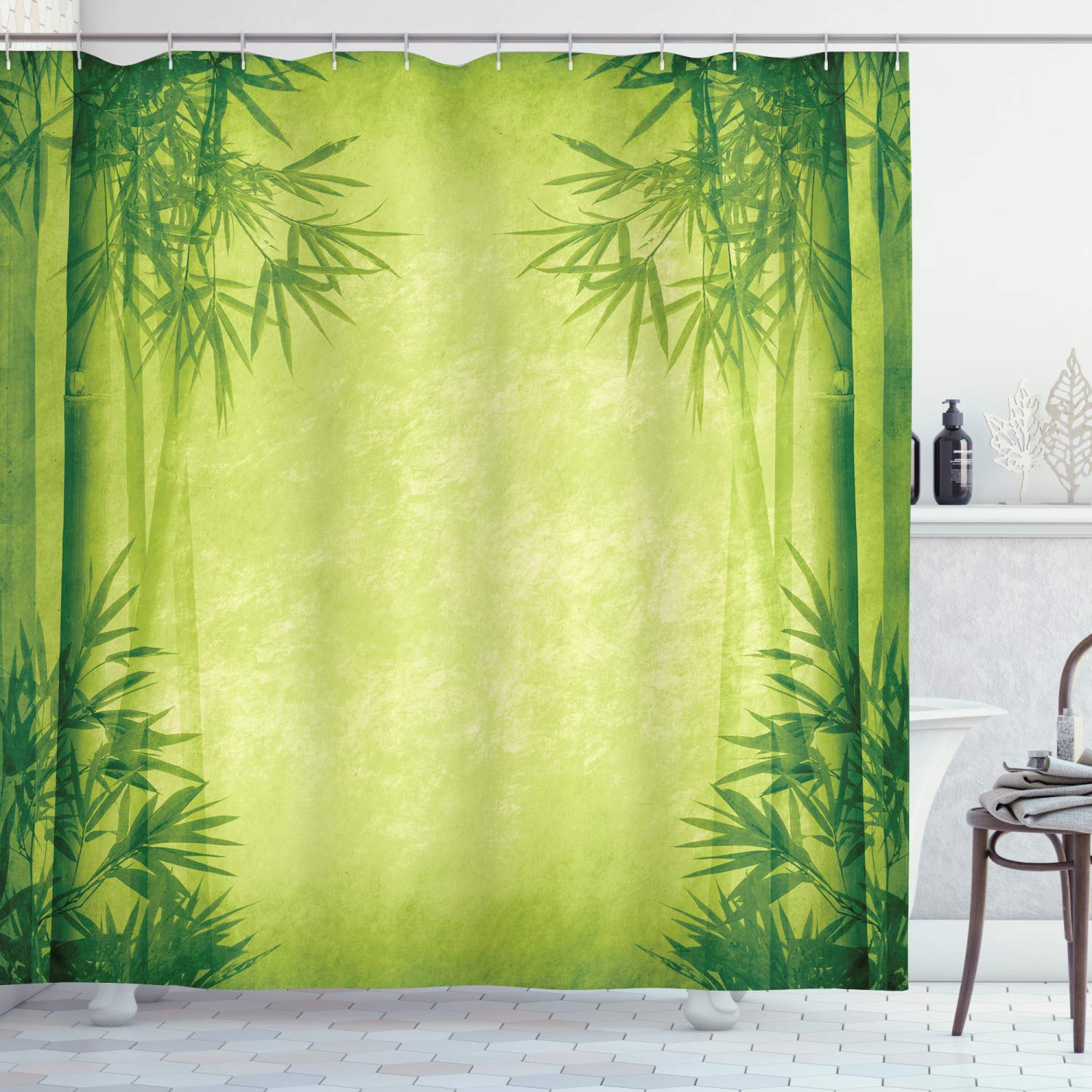 ABAKUHAUS Bamboo Shower Curtain, Chinese Banmboo Trees Design Fengshui Style Simple Organized Relaxing Life Image, Cloth Fabric Bathroom Decor Set with Hooks, 94 Inches, Green — image 1