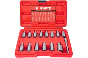 Bornpye Screw Extractor Set with 3/8" Inch Drive, Hex Head Multi-Spline Easy Out Allen Screw Extractor Kit Stripped Bolt Removal Tool for Removing Broken Rounded Rusted Bolts Screws Nuts (15-Pieces)