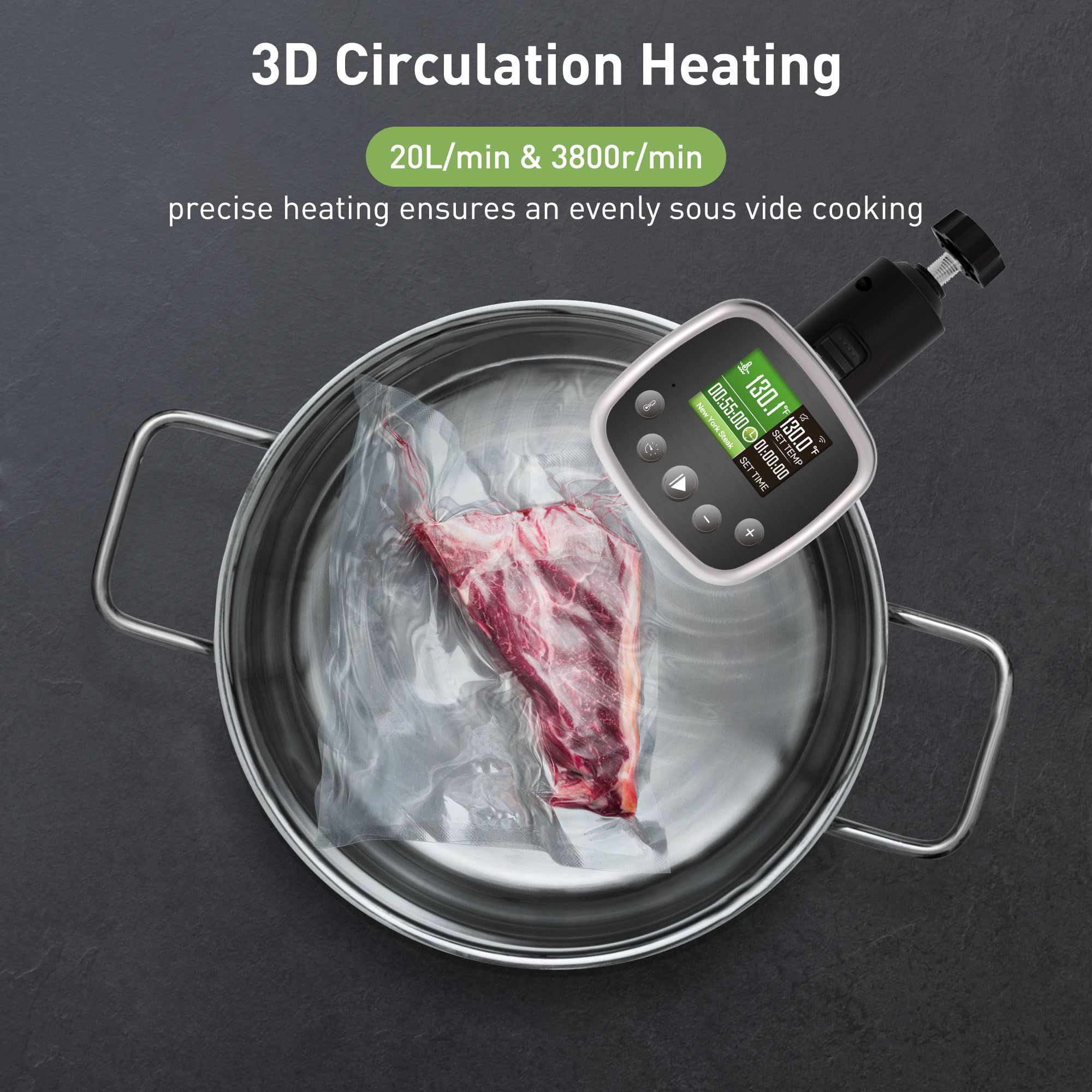 KitchenBoss Wifi Sous Vide Cooker: Sous Vide Machine Ultra-quiet 1100W Precision Cooking Machine Built-in TFT Recipes, IPX7 Waterproof Immersion Circulator Precise Temperature Control, Carbon Black