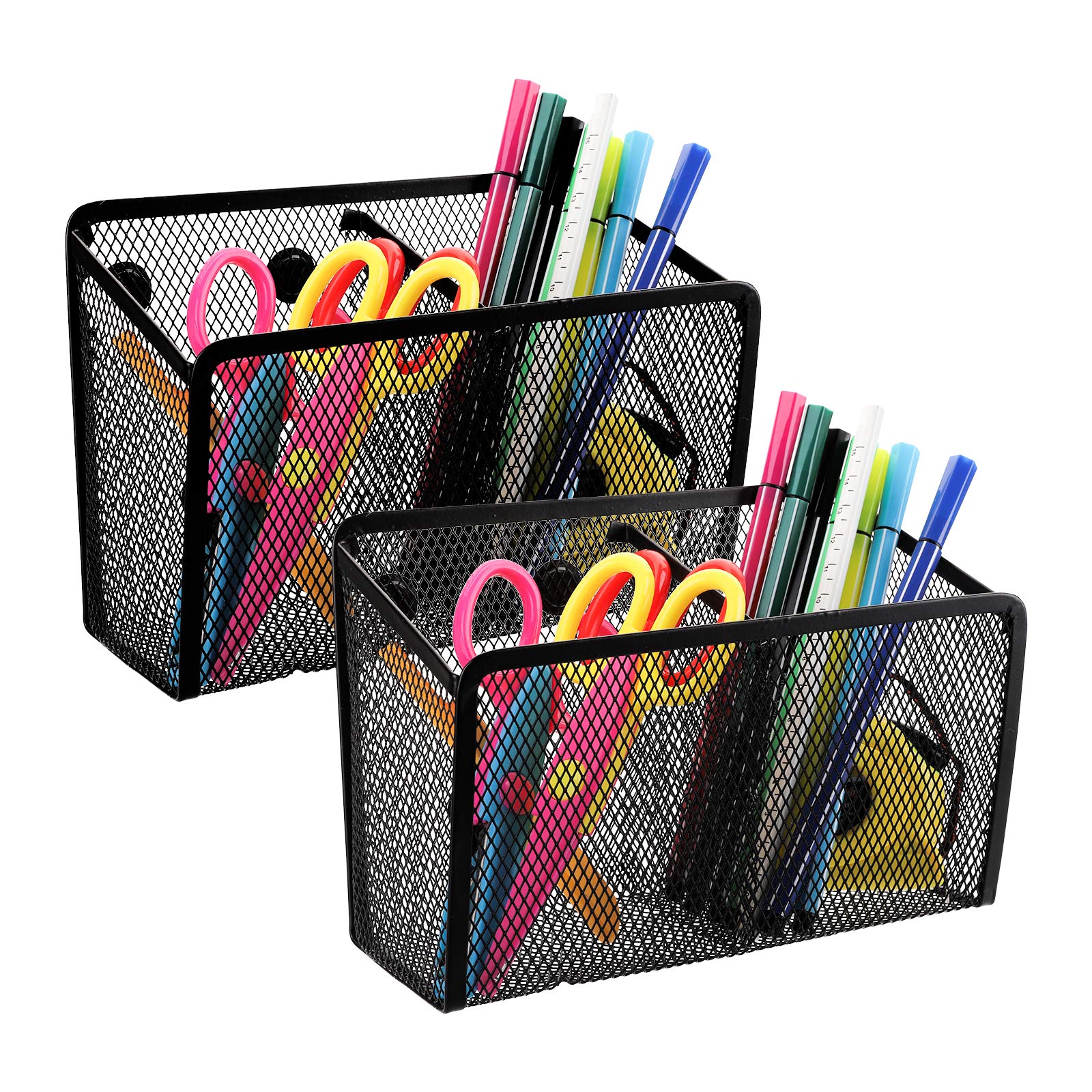 Jucoan 2 Pack Magnetic Pencil Holder, Ultra Strong Magnetic Mesh Pen Holder, Magnet Storage Basket with 2 Compartments for Whiteboard, Fridge, Cubicle Desks, Locker Accessories