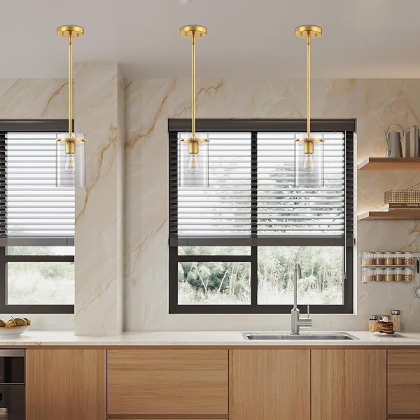 DORAIMI LIGHTING 3 PACK MODERN KITCHEN ISLAND ROD PENDANT LIGHT 5.5″ CLEAR GLASS SHADE PENDANT LAMP,GOLD FINISH FARMHOUSE HANGING LIGHT FIXTURE KITCHEN ISLAND DINING ROOM BEDSIDE
