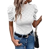 SweatyRocks Women's Mock Neck Puff Sleeve Slim Fit Elegant Tee Shirts Eyelet Top