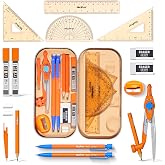 Nicpro 17 PCS Geometry Set, Protractor and Compass Set for School Students | Metal Case, Math Compass Drawing Tool with Rulers, Protractor, Mechanical Pencil, Geometry Kit for Classroom-School Supplies