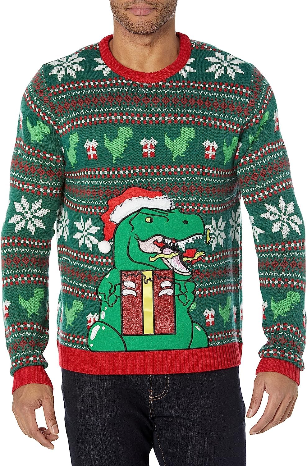 Blizzard Bay Men's Ugly Christmas Sweater Dinosaur, Small Green Image