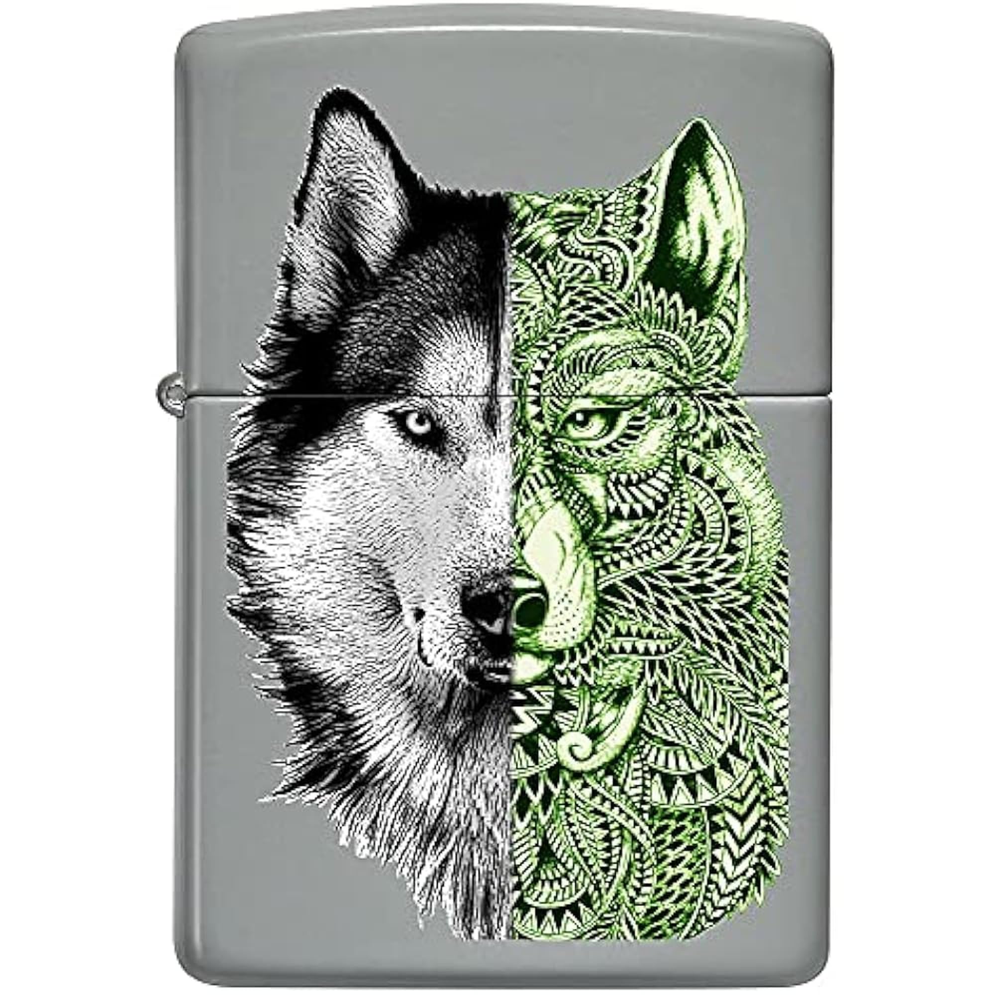 Zippo Windproof Lighter - Tattoo Wolf Model in Colour Image - Flat Grey Finish - Refillable - Reusable - Windproof Design - Gift Box - Made in USA — image 1