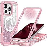 Hensione for iPhone 16 Pro Max Case,Compatible with MagSafe,Magnetic Glitter Case Built-in 9H Tempered Glass Screen Protector,Shockproof Protective Case for Samsung iPhone 16 Pro Max,Pink