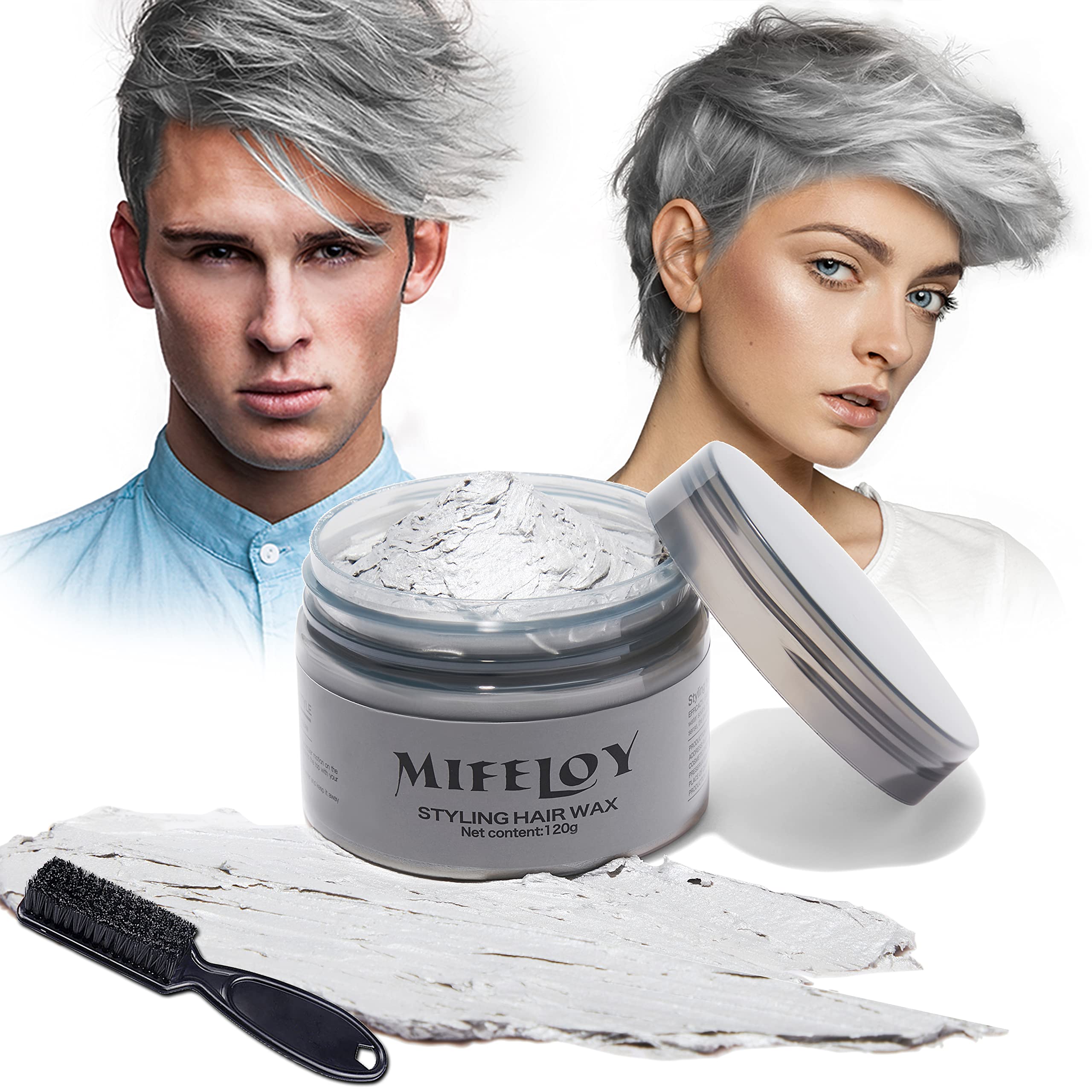 120g Temporary Silver Gray Hair Color Wax with Dye Brush, Instant Natural Hairstyle Cream, Disposable Coloring Mud for Men Women Youth, Grey Styling Pomades for Party Cosplay DIY Halloween