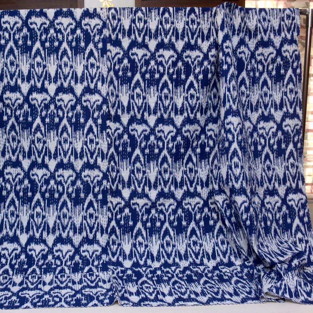 Shopolics Navy Blue and White Handmade Indigo Kantha Quilt-4362 Indian Quilt, Razai, Jaipuri Razai, Blanket, Quilt