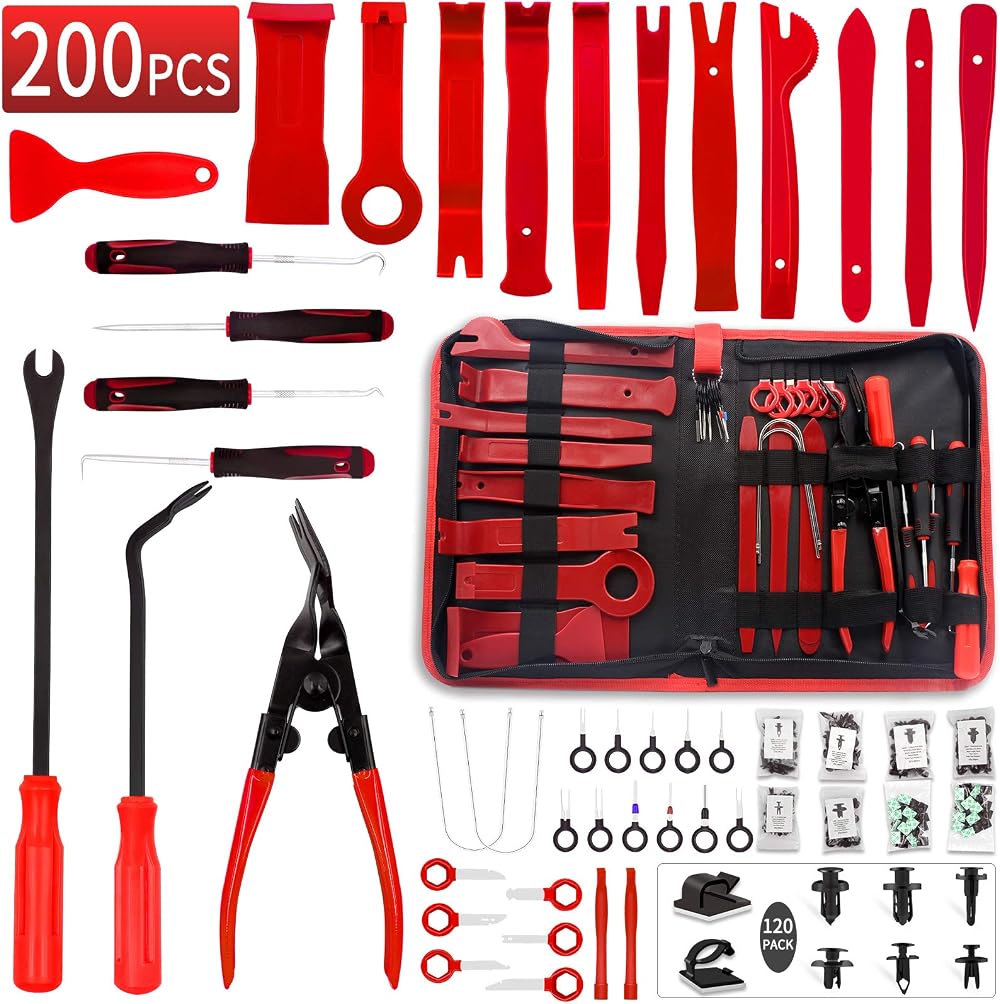 Wetado 200Pcs Car Trim Removal Kit Auto Clip Pliers Door Panel Tool Set Dark Red