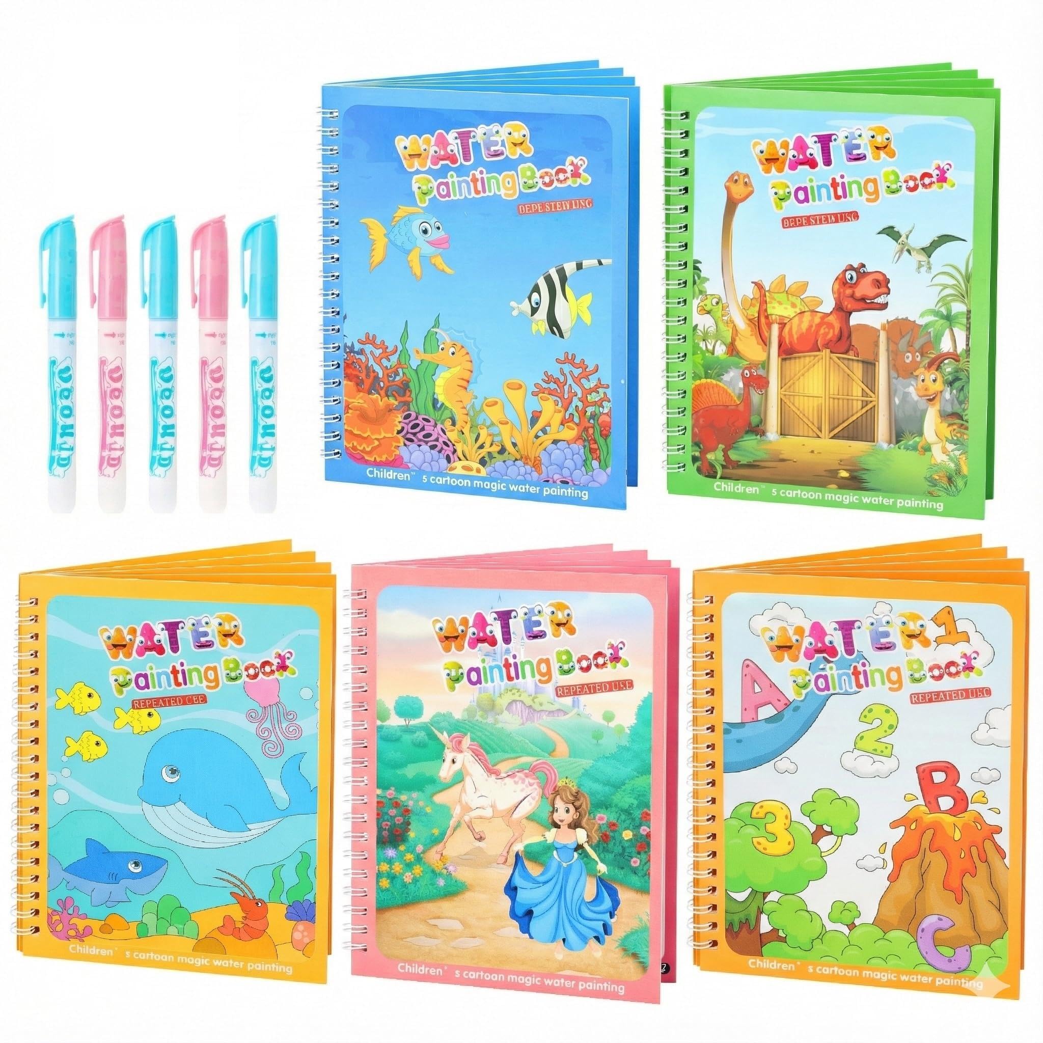 5 Pack Reusable Water Coloring Book for Toddlers, Water Doodle Book Toys, Paint with Water Books,Mess-Free Coloring Book, Portable Educational Doodle Drawing Toy, Educational Learning Kits Gifts