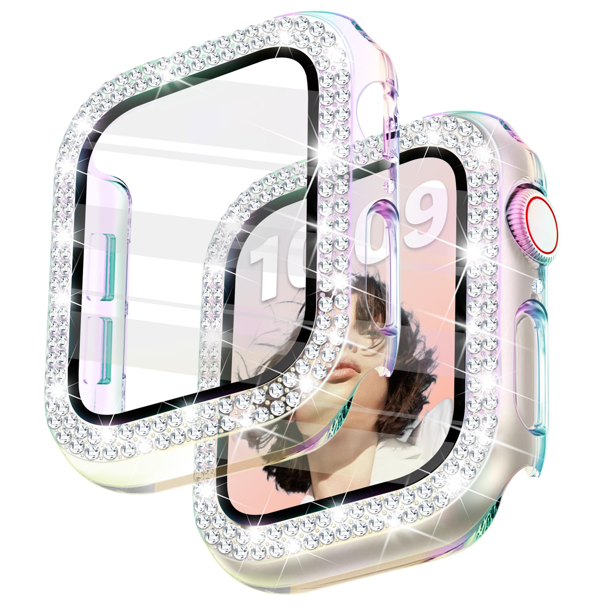 Photo 1 of Newlibery Bling Watch Case with HD Screen Protector Women Compatible with Apple Watch 40mm Diamond Protective PC Face Cover Frame Protector for iWatch Series 6/5/4/SE/SE2/SE3 Rainbow
