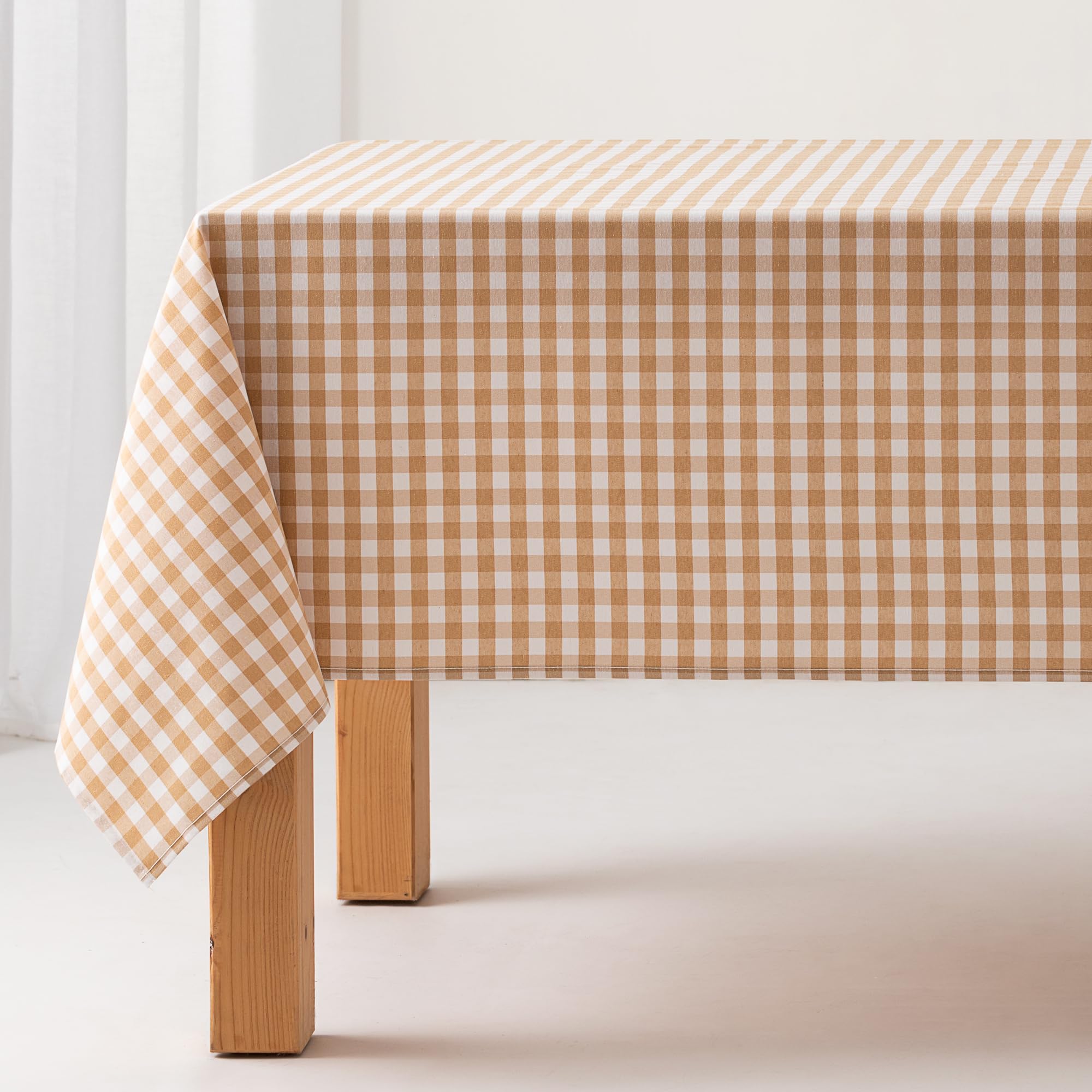 Stain-Resistant Gingham Tablecloth, Cotton, Fabric Touch, 140 x 300 cm, Beige