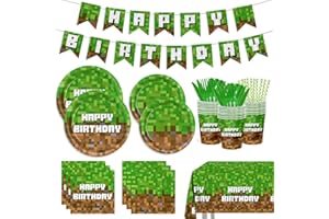 JVORFDG 218pcs Green Birthday Party Decorations Plates Napkins Banner Tablecloth Disposable Paper Cups Straws Green Forks Party Supplies Tableware Set for Boys Kid Teen Birthday Decor Serves 24