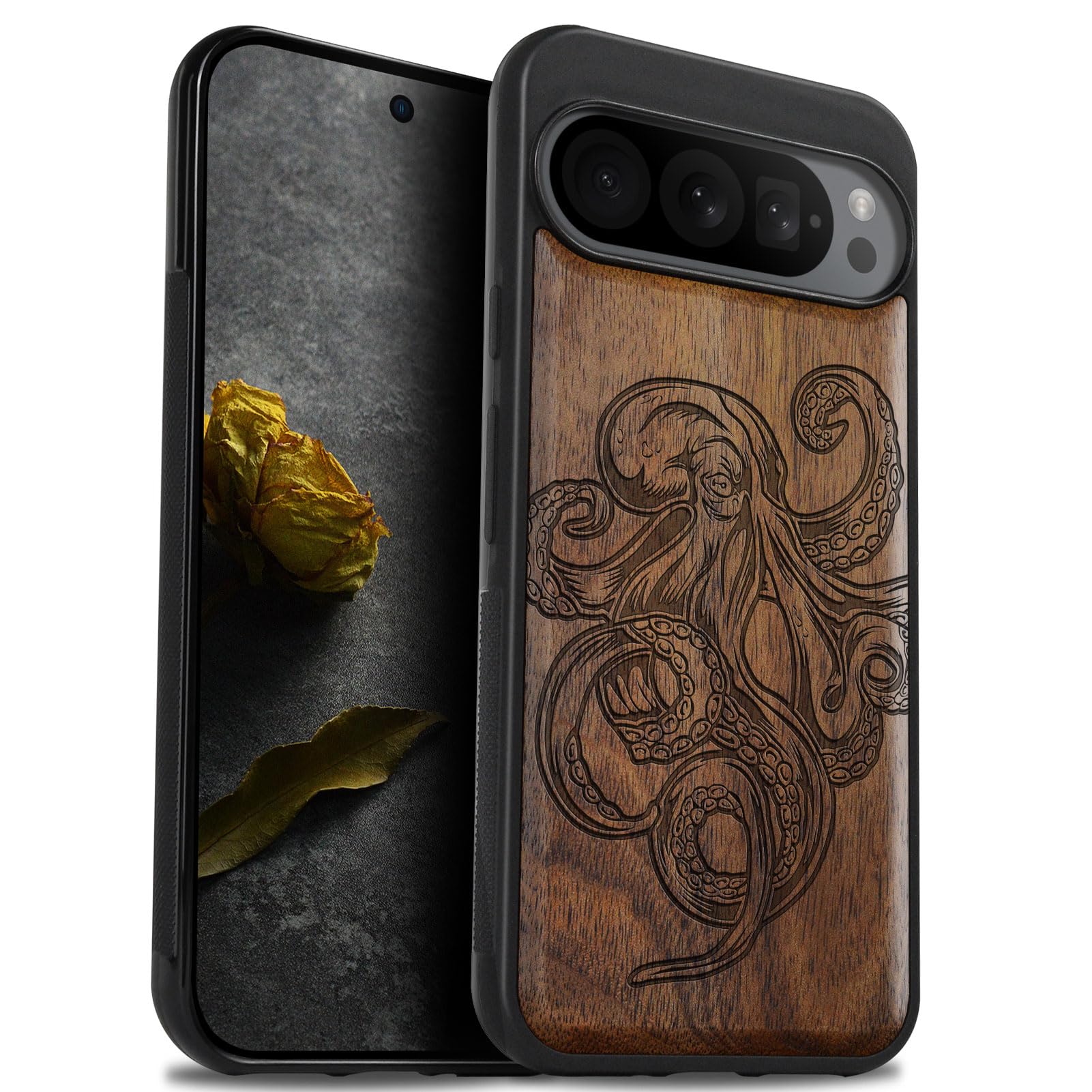 Carveit Wood Case for Google Pixel 9 Pro XL - Natural Wood & Black Soft TPU - Shockproof Protective Cover - Unique Wooden Case - Octopus Drawing - Walnut
