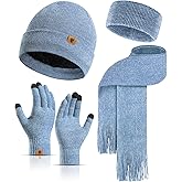 Winter Warm Beanie Hat Touchscreen Gloves Long Scarf Set for Women with Headband, Knit Cap Scarves with Tassel for Women