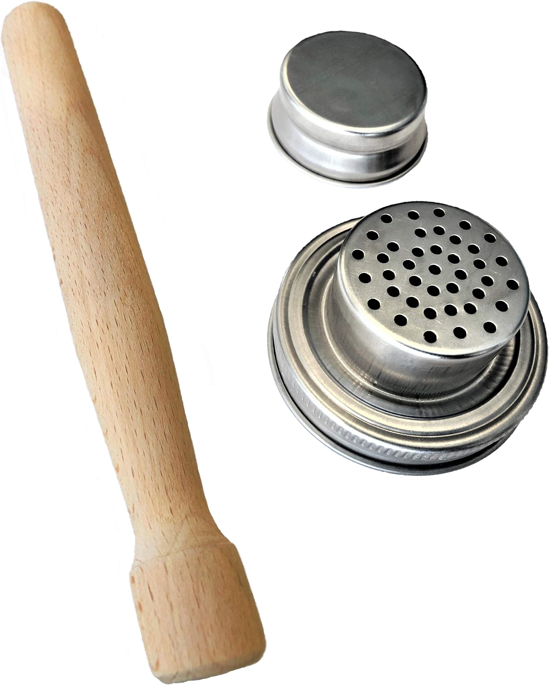 Wood Muddler + Stainless Steel Mason Jar Cocktail Shaker Lid with Silicone Seal | The Perfect Bar Tool Set for your Mojito, Caipirinha, Martini, Margaritas Drinks & More.