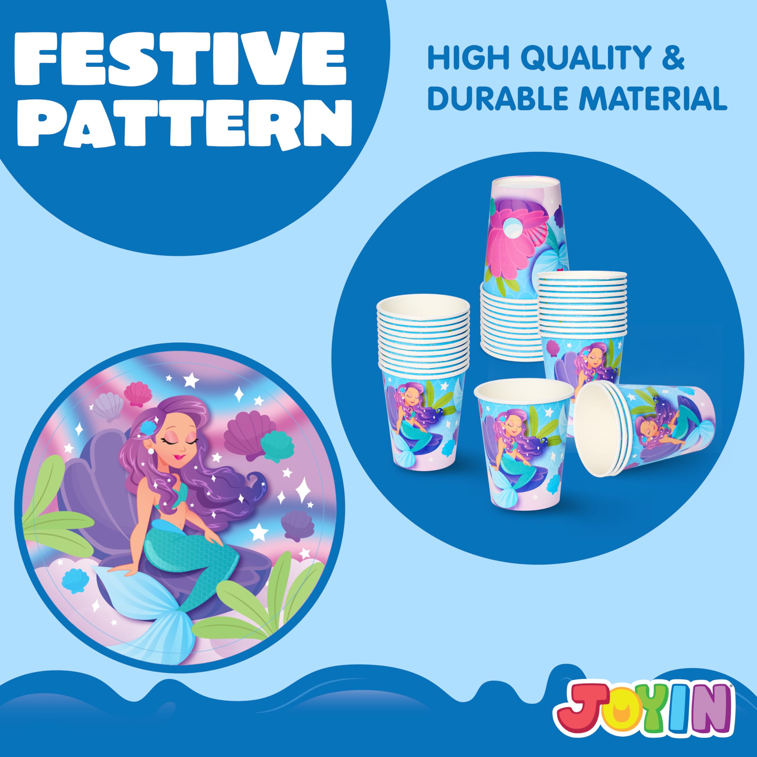 JOYIN 145 Pcs Mermaid Birthday Party Supplies with Banner, 24 Serves Mermaid Tableware Set with Plates, Cups, Napkins, and Cutlery Sets for Mermaid Themes Party Kids 6 7 8 Years