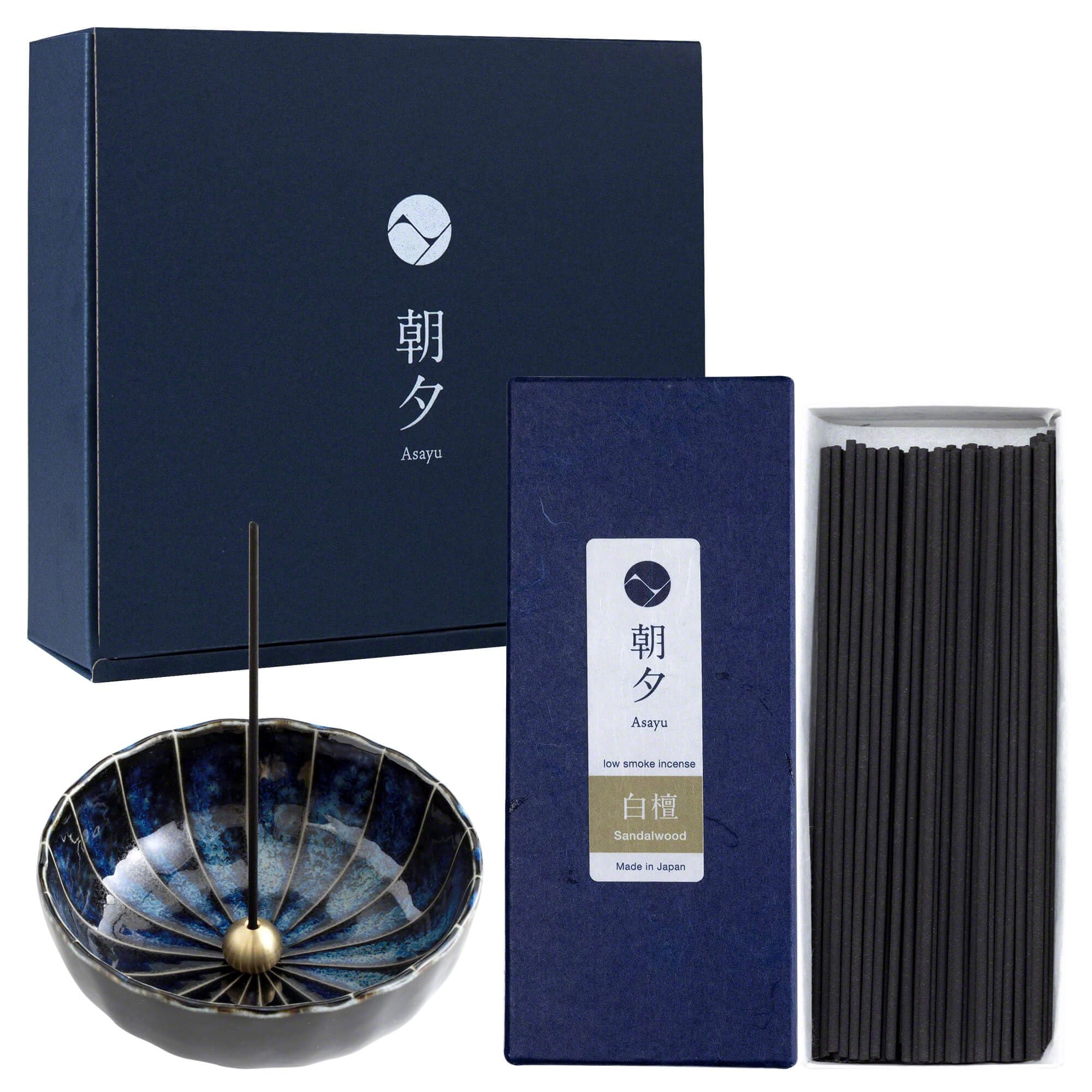 Asayu Japan Low Smoke Incense Gift Set with Incense Holder and Brass Stand, Agarwood Incense Sticks with Zen Ceramic Incense Holder, Made in Japan (Sandalwood + Navy Blue Lotus Holder)