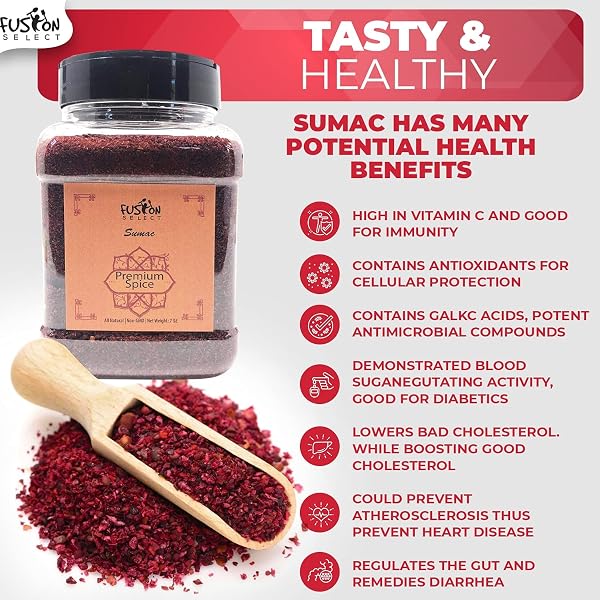 FUSION SELECT 100% PURE SUMAC SPICE, 100% NATURAL SUMAC POWDER | NO SALT | NON-GMO | MIDDLE EASTERN SPICES | SUMAC SEASONING | DOUBLE LIDS JAR (7 OUNCE)