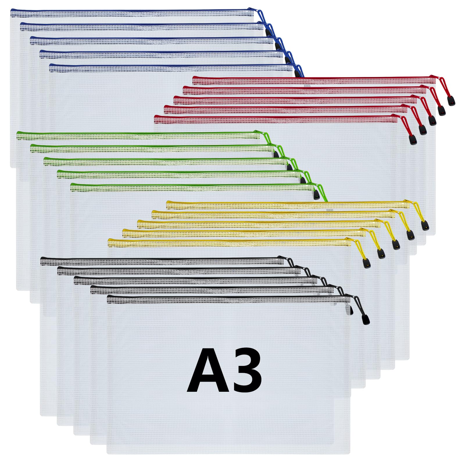 GOYADA 25PCS A3 Zip Wallets, Plastic Wallets Folders A3 Zip Bags Zipper Bags, Document Folder A3 Mesh Document Bag for Home, Office, School, Travel (5 Colours)