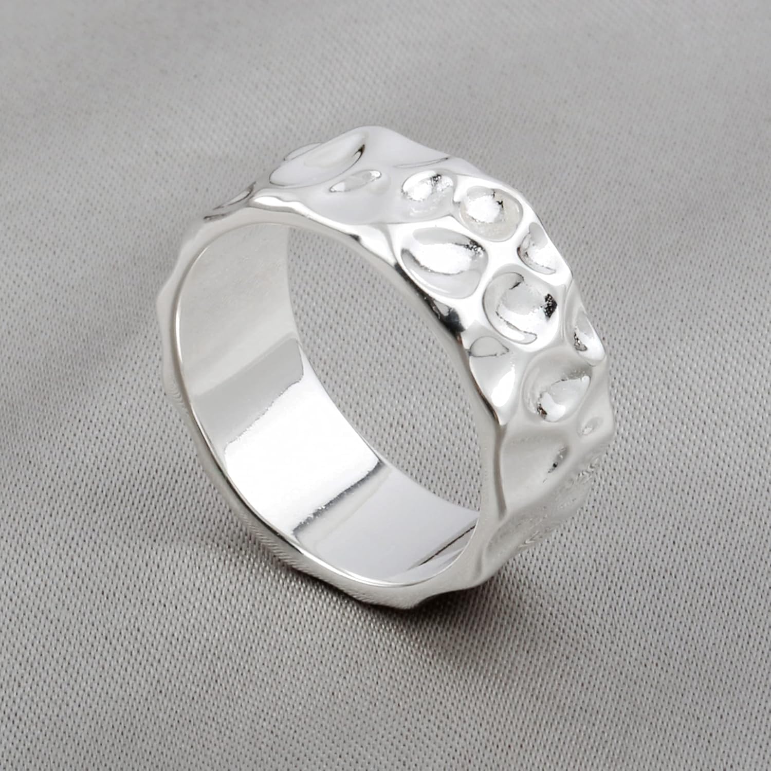 Kakikaki Sterling Silver Handmade Hammered Wide Ring Textured Statement Band Rings for Women: Clothing