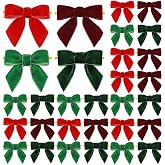 Daifunli 30 Pcs Christmas Velvet Bows 3.15" for Tree Wreath Gift Wrap | Premade Bow Ornaments with Clip Backing, For Festive Garland Wedding Decor Craft, Red Burgundy Green Dark Green Colors